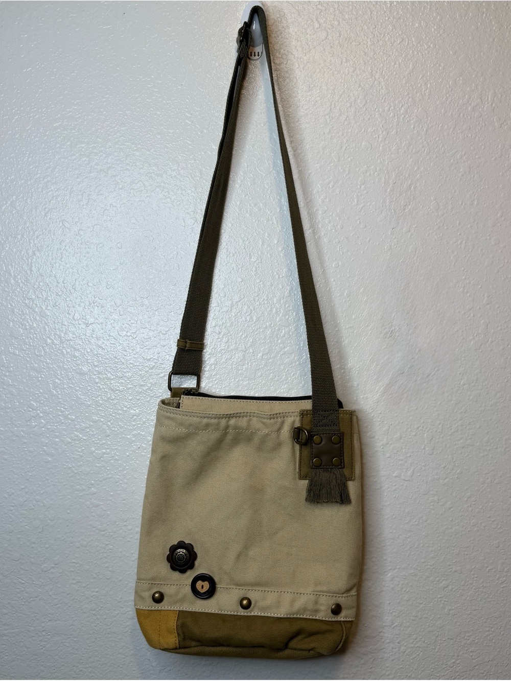 Chala Handbags Patch Crossbody in Sand Olive & Mustard Boho Buttons Casual Daily